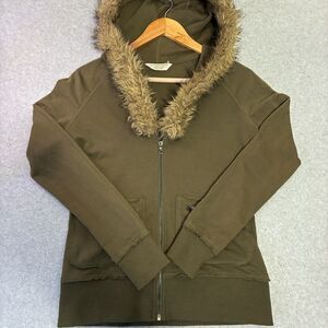 Women’s Faux Fur Trim XS Zip Hoodie Boston Proper Olive Green